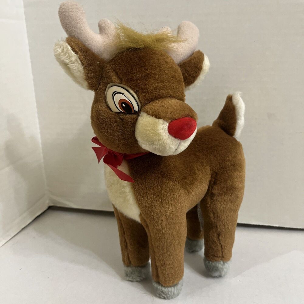 Vintage Applause Rudolph Red Nosed Reindeer 10" Standing Plush 90s Red Bow